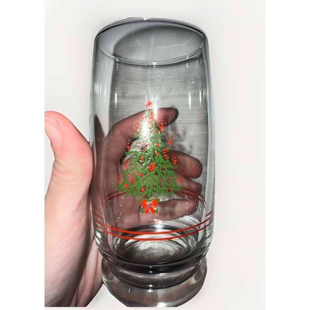 Vintage Christmas Tree Highball Glass Red Rings Weighted Pedestal Base Tumbler